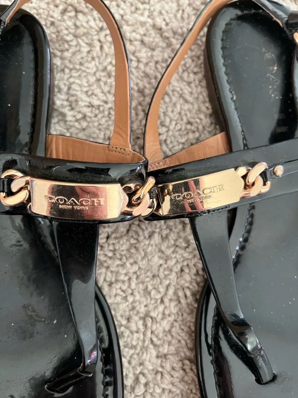 Coach Black Patent Thong Sandals with Gold Hardware - Picture 2 of 5